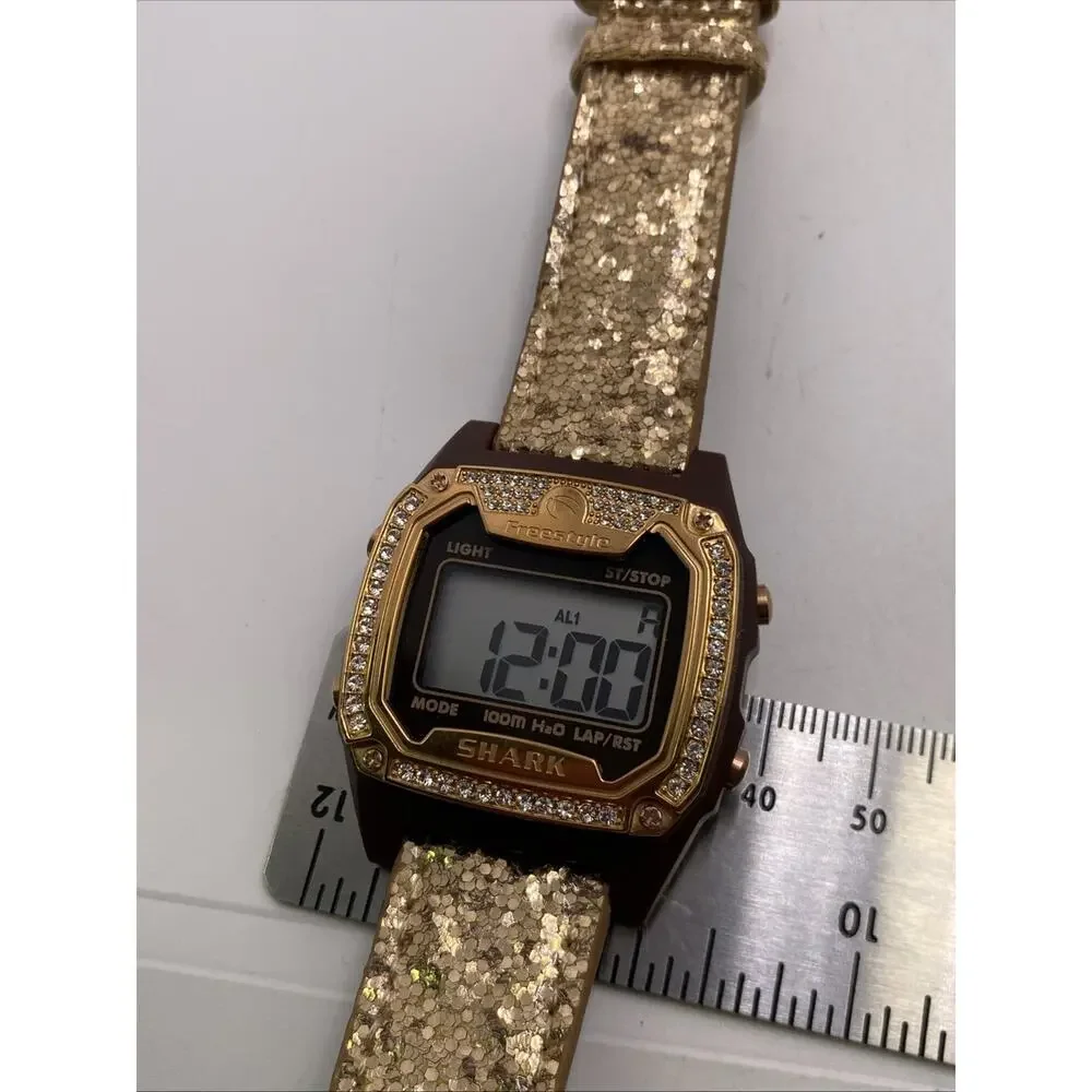 Freestyle Shark Rosegold Rhinestone Gold Leather Band Surfing Watch New Battery